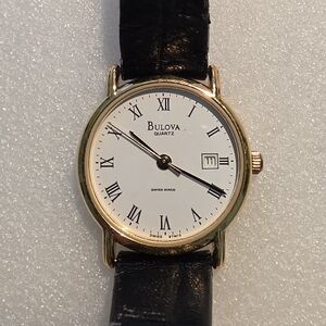 Bulova Gold and Black Leather Watch